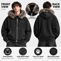 Sweat à capuche zippé surdimensionné personnalisé délavé à l'acide, unisexe, style streetwear vintage, en fausse fourrure épaisse, fournisseur en gros pour marques