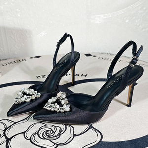 Elegant White Satin <b>Pointed</b> Toe Slingback Sparkling Crystal Heart Buckle and Adjustable Ankle Straps Heels for Women - Product Image 4