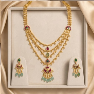 Gold Layered <b>Necklace</b> and Earring Set <b>Ruby</b> Emerald Stone Accents Freshwater Pearl Bridal Jewelry for Wedding Party - Product Image 5