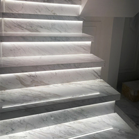 Dalles de marbre blanc Volakas polies naturelles pour marches et contremarches d'escalier courbes intérieures avec éclairage