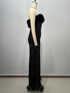 A11391 Gaun Malam Hitam Mewah dengan Hiasan Bulu, Tanpa Tali, Bordir, Renda, Tanpa Punggung, Panjang Maxi untuk Pesta <span class=keywords><strong>Prom</strong></span> Koktail. - Product Image 4