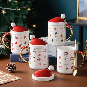 ZC Creative Christmas hat with Lid spoon ceramic water cup Christmas tree cartoon bow Ceramic mug couple coffee mug