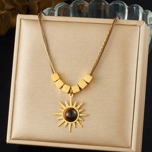 Maillard Retro Simulated Tiger Eye Gold Plated Sun Pendant Beaded Square Wax <b>Rope</b> <b>Chain</b> Necklace Daily Wear Fashion Jewelry - Product Image 1