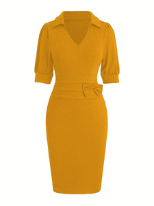 Abito <span class=keywords><strong>in</strong></span> Maglia Elegante da Donna con Colletto Rovesciato, <span class=keywords><strong>Vestito</strong></span> Aderente con Fiocco e Maniche Corte, Produzione OEM ODM Personalizzata - Product Image 4