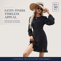 Robe Courte Noire Personnalisée en Satin, Coupe Trapèze, Col en V, Manches Longues Bouffantes, Taille Haute, Ourlet Volanté, Idéale pour Soirées et Cocktails