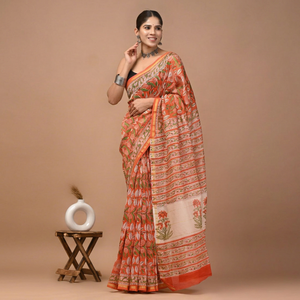 Sari en soie Chanderi pure imprimé à la main avec pièce de blouse – Sari élégant en soie Chanderi pure – Vêtement ethnique imprimé à la main - Product Image 1