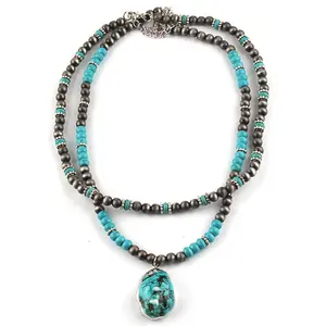 Vintage Women Custom Jewelry Navajo Pearl Necklace Rhinestone Paved Ball Turquoise Pendant Choker Necklaces Western Jewelry