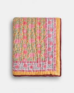 Mustard Yellow <b>Pink</b> Floral Cotton Quilt Hand Block Printed Reversible Indian Kantha <b>Blanket</b> King Size - Product Image 4