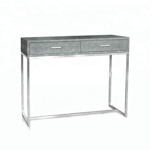 Shagreen Leather Chrome Metal Contemporary <strong>Corner</strong> <strong>Console</strong> <strong>Table</strong> - Product Image 1