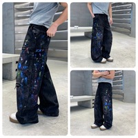 Jean droit taille basse en denim coloré style graffiti, effet éclaboussures d'encre, délavage foncé, respirant, pour l'été, de la marque américaine tendance High Street