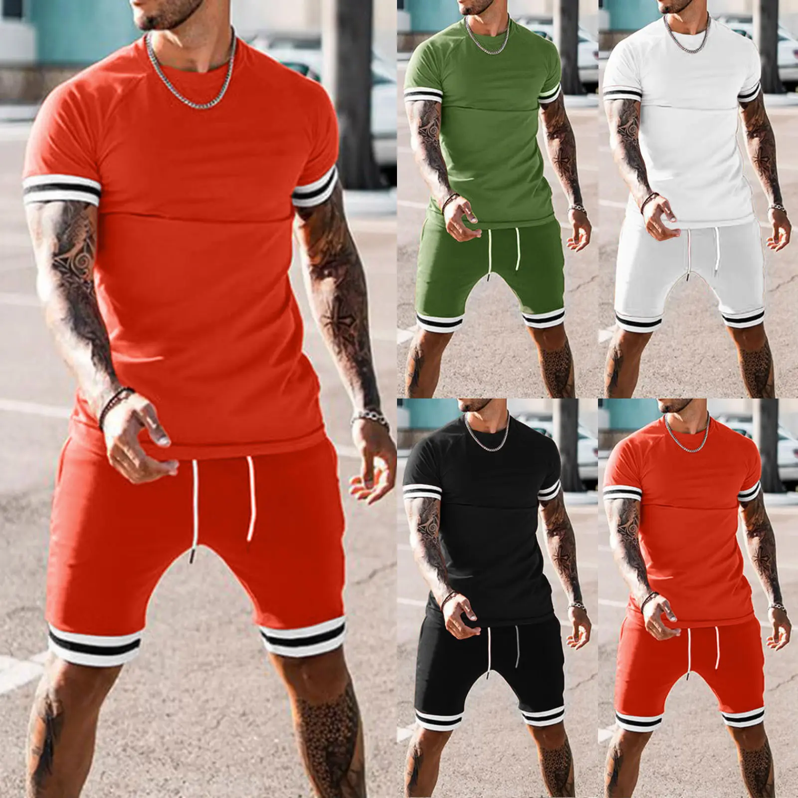 Camiseta de algodão justo masculina, conjunto de roupas de treino para homens, camiseta e shorts para verão