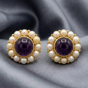 Classic Gold Plated Amethyst Pearl Round <b>Stud</b> <b>Earrings</b>, 15mm Brass Office Wear - Product Image 3
