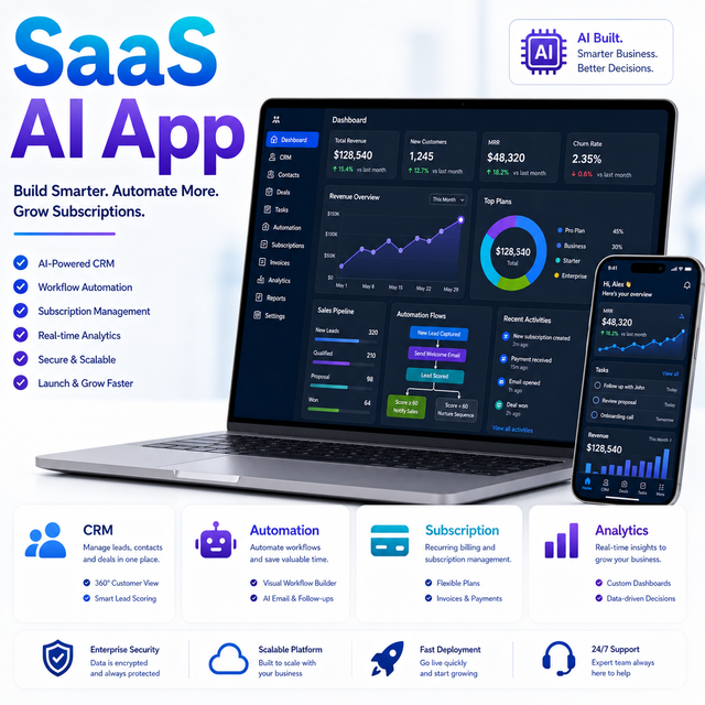 SaaS App Development with SaaS+AI+Software+Developers for MAC Internet Subscription CRM Automation Analytics Platform (Stock)