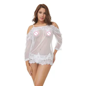 SacKnove 6072 Woman Erotic Bedroom Wear Sexy Off Shoulder Lace Nightdress Suit See Through Mesh Femme Sleep Lingerie