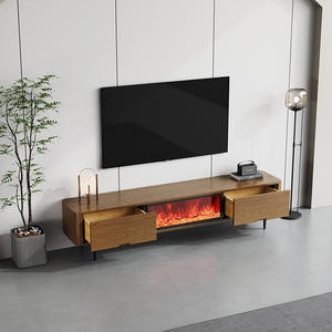 Meuble TV autoportant de style rétro couleur noyer avec cheminée électronique à flamme simulée, style nordique - Product Image 2