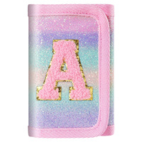 Dompet Lipat Tiga Anak A-Z dengan Glitter, Pelangi Gradasi, Patch Huruf Bulu, Dompet Koin untuk Siswi, Penutup Velcro, Hadiah