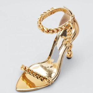 Custom Metal Heels Sandals Women Dress Stiletto Party Ankle Buckle Office Lady Shoes Open Square <b>Toe</b> High Slim Gold Heels - Product Image 4