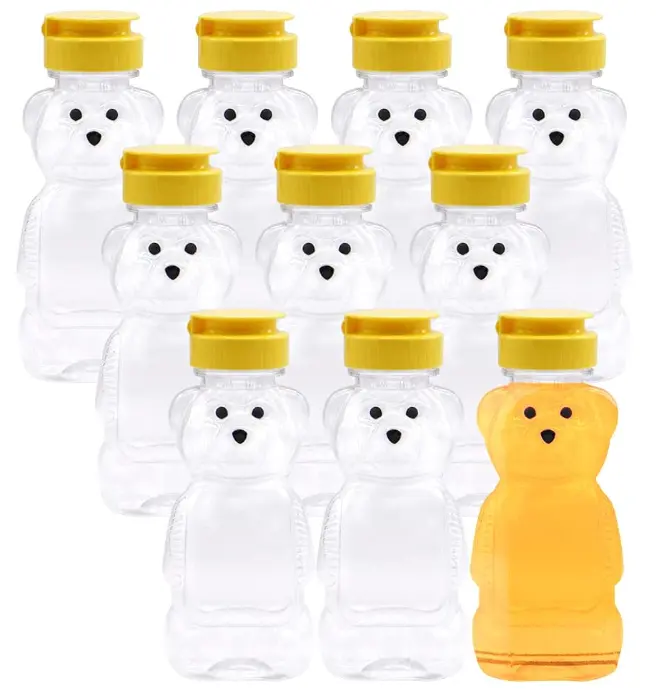 Confezione da 10 barattoli di plastica per bottiglie di miele con orso da 8 once con coperchio Flip-top tazza per bere bottiglia di succo d'orso