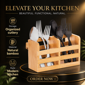 Soporte de Bambú para Utensilios de Cocina, Escurridor de Cubiertos con Compartimentos, Montable en Pared, Organizador de Palillos y Cucharas para Hogar y Restaurante - Product Image 4