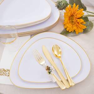 Ensembles d'assiettes jetables en plastique résistant bordé d'or blanc cuillères couteaux à couverts pour la fête de mariage - Product Image 6