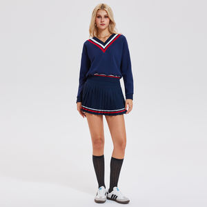 レディース2ピースセットVネックスウェットシャツハイウエストプリーツテニススカートセットカジュアルスウェットスーツスポーティ衣装 - Product Image 3