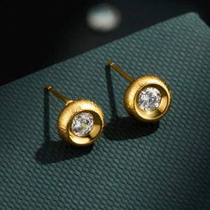 Gold Plated Round Stud Earrings With Zircon Bezel Setting 925 Silver Posts Geometric Ball Shape Fashion Jewelry - Product Image 4