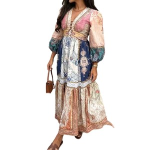Retro Print Ethnic Style Long Puff Sleeve Women's Vacation <b>Dress</b> V Neck <b>Elastic</b> Waist Polyester Fiber Casual <b>Dress</b> - Product Image 5
