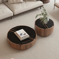 Ensemble de table basse de salon d'hôtel moderne avec rangement, base en bois et marbre noir, table basse ronde