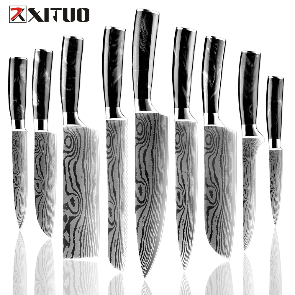 Xituo conjunto de facas de cozinha, facas de chef de cozinha, facas afiadas de chef santoku, utilitário para cortar, com padrão personalizado