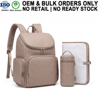 Sac à dos à langer en cuir végétalien personnalisé avec logo OEM, ensemble de voyage pour maman avec sac à biberons et matelas à langer