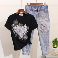 Denim Set Femmes D'été Nouveau Perlé Brodé Fleur À Manches Courtes T-shirt + En Détresse Cropped Jeans