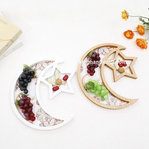Plateau de service en bois bohème Ramadan Eid Mubarak avec incrustation de nacre |   Plateau de présentation flexible de conception artisanale haut de gamme pour boissons et aliments - Product Image 1