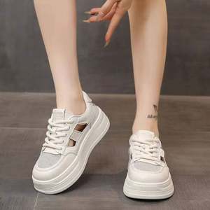 Chaussures de skate populaires pour femmes, à lacets, en maille ouverte respirante, semelle épaisse, blanches, automne/hiver - Product Image 3