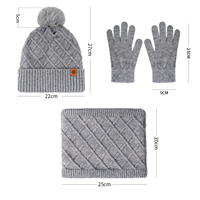 Ensemble de trois pièces confortable en laine mélangée épaisse à bord côtelé, comprenant un bonnet en tricot personnalisé avec logo, une écharpe et des gants, avec pompon, pour l'extérieur