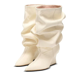 High Wedge Heels Pointed Toe Pleated Upper Shoes Wide Top Mid Calf <b>Boots</b> Women's on Loose Baggy Half Knee High Booties - Product Image 6