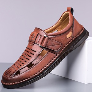 Men's Hollowed Out Breathable Leather <b>Clogs</b> Slip On Casual Shoes Brown 9982 - Product Image 1