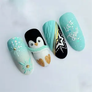 Wholesale Price Long False Press Cute Penguin Winter Green Impress Small Glue On Nails