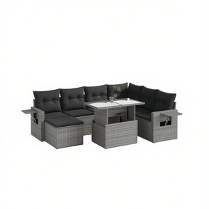 Conjunto de Sofá de Jardín de Ratán Gris con Estructura de Acero y Vidrio Templado, Muebles de Exterior para 6 Personas, Diseño Contemporáneo - Product Image 1