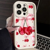 Coque de téléphone portable tendance avec nœud cerise pour iPhone 16 15 17 18 Pro Max 14 13, couleur bonbon, givrée, antichoc, protection arrière