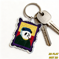 Porte-clés Panda dans un cadre orné, portrait artistique en acrylique avec pipe, cheveux bleus et bordure violette, breloque original style musée