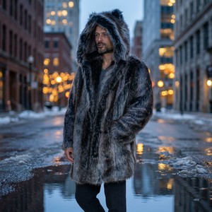 Manteau long en fausse fourrure de renard pour homme, à capuche, épais, longueur genou, parka d'hiver, col rabattu, manches régulières, motif uni - Product Image 4