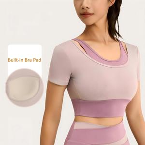 Wholesale Women's <b>Built</b>-<b>in</b> <b>Bra</b> Pad Yoga <b>Top</b> 2 <b>in</b> 1 Layered Short Sleeve Workout Shirt Slim Fit Breathable Athletic Wear OEM ODM - Product Image 1