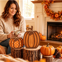 Ensemble de 3 décorations de table en bois en forme de citrouille à étages, ornements de table à carreaux Buffalo pour l'automne, décorations de table pour Thanksgiving et l'automne à la maison