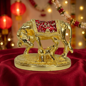 <b>Gold</b> Plated Surabhi Gau Mata with Nandini Calf <b>Statue</b> Hindu Temple Decor Spiritual Gift Wedding Return Gift - Product Image 4