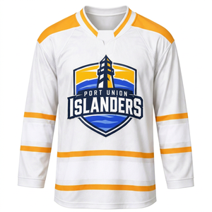 Camiseta de hockey sobre hielo blanca con detalles dorados en los hombros, franja naranja, escudo y cresta, uniforme de equipo, poliéster transpirable, para partidos fuera de casa - Product Image 1
