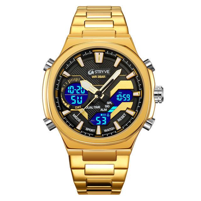 STRYVE Fashion Man Electronic Watch Alarm Clock Waterproof Stopwatch Stainless Steel Dual Display Male Sports Wristwatch 8033