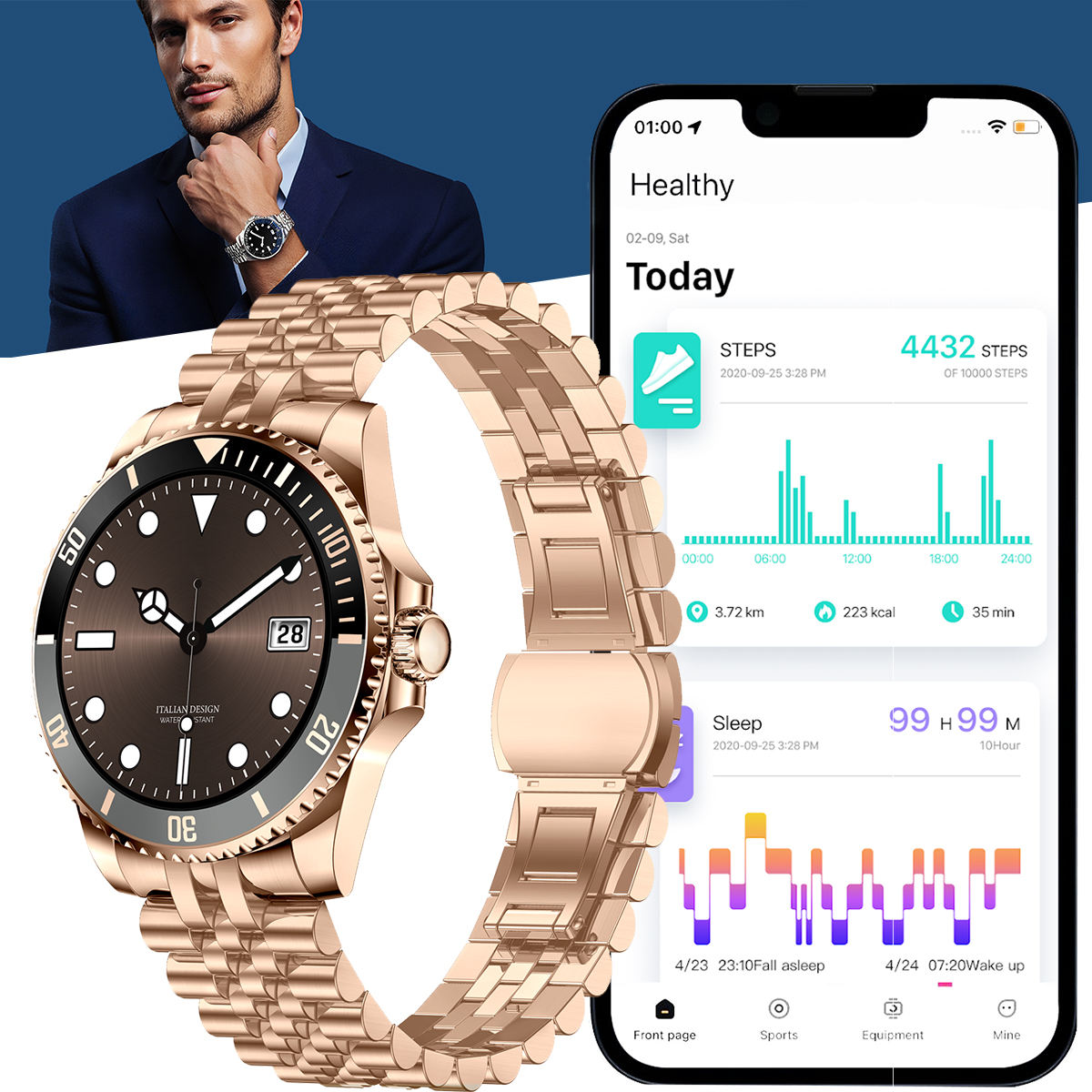 Boîtier en or et argent avec bracelet en acier doré