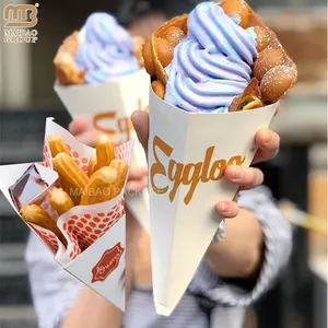 Personalizado Impresso Churros Embalagem Ice Cream Cone Papel Bolha Waffle Titulares Tirar Churros Suporte De Papel Com Recipiente De Molho