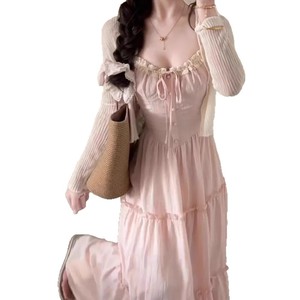 French Style Romantic Pink Slip <b>Dress</b> Sweetheart Neck Lace Trim Empire Waist <b>Long</b> Casual <b>Dress</b> Daily Wear Breathable - Product Image 5