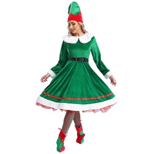 Vestito da <span class=keywords><strong>donna</strong></span> <span class=keywords><strong>natale</strong></span> elfo campanello in flanella con cappello a cintura a righe calze scarpe 5 pezzi set Cosplay Performance Wear - Product Image 5